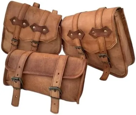 Saddle Bag Real Vintage Leather 2 Side Bag & 1 Tool Pouch || Motorcycle Swing Arm Panniers
