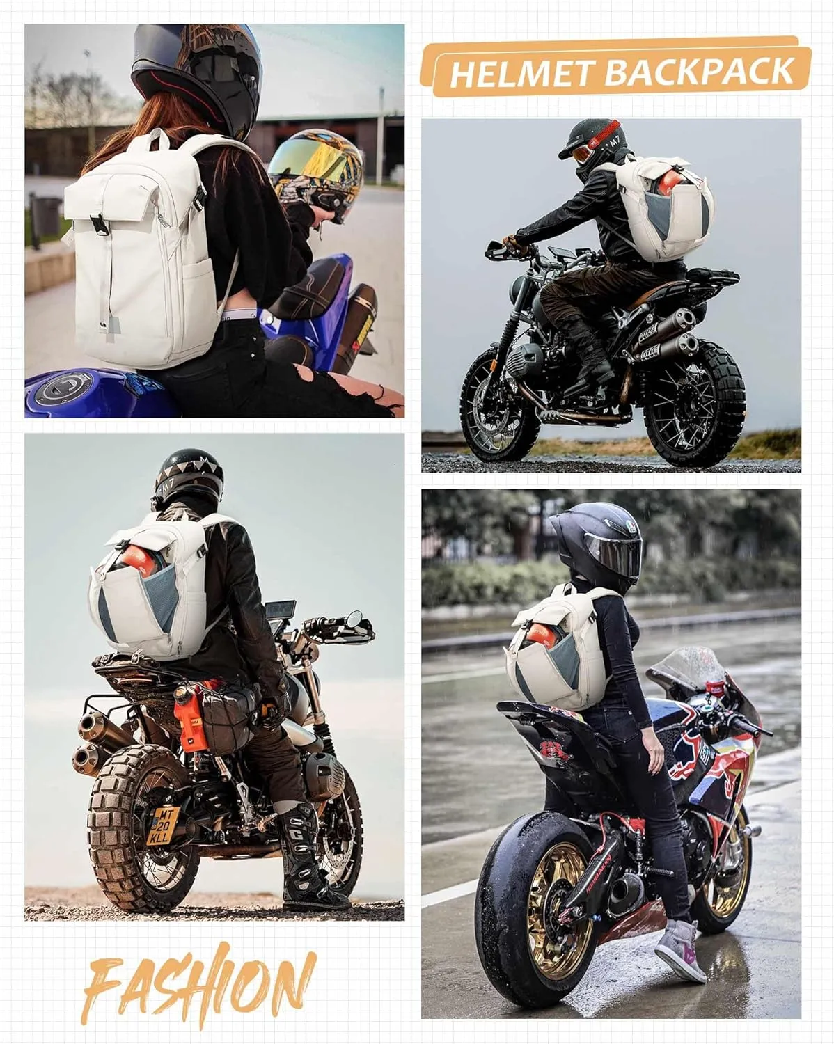 SEAFEW Motorcycle Backpack, Large Capacity Waterproof Helmet Bag for Men, Motorcycle Accessories Storage Cycling Bag - Off White