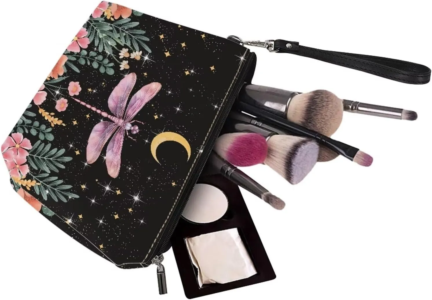 SEANATIVE Boho Dragonfly Flower Women Makeup Bag Lightweight Toiletry Make Up Bag Stylish Purse Leather Cosmetic Pouch with Zipper