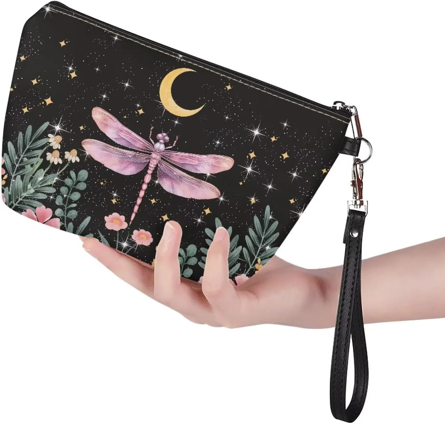 SEANATIVE Boho Dragonfly Flower Women Makeup Bag Lightweight Toiletry Make Up Bag Stylish Purse Leather Cosmetic Pouch with Zipper