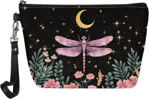 SEANATIVE Boho Dragonfly Flower Women Makeup Bag Lightweight Toiletry Make Up Bag Stylish Purse Leather Cosmetic Pouch with Zipper