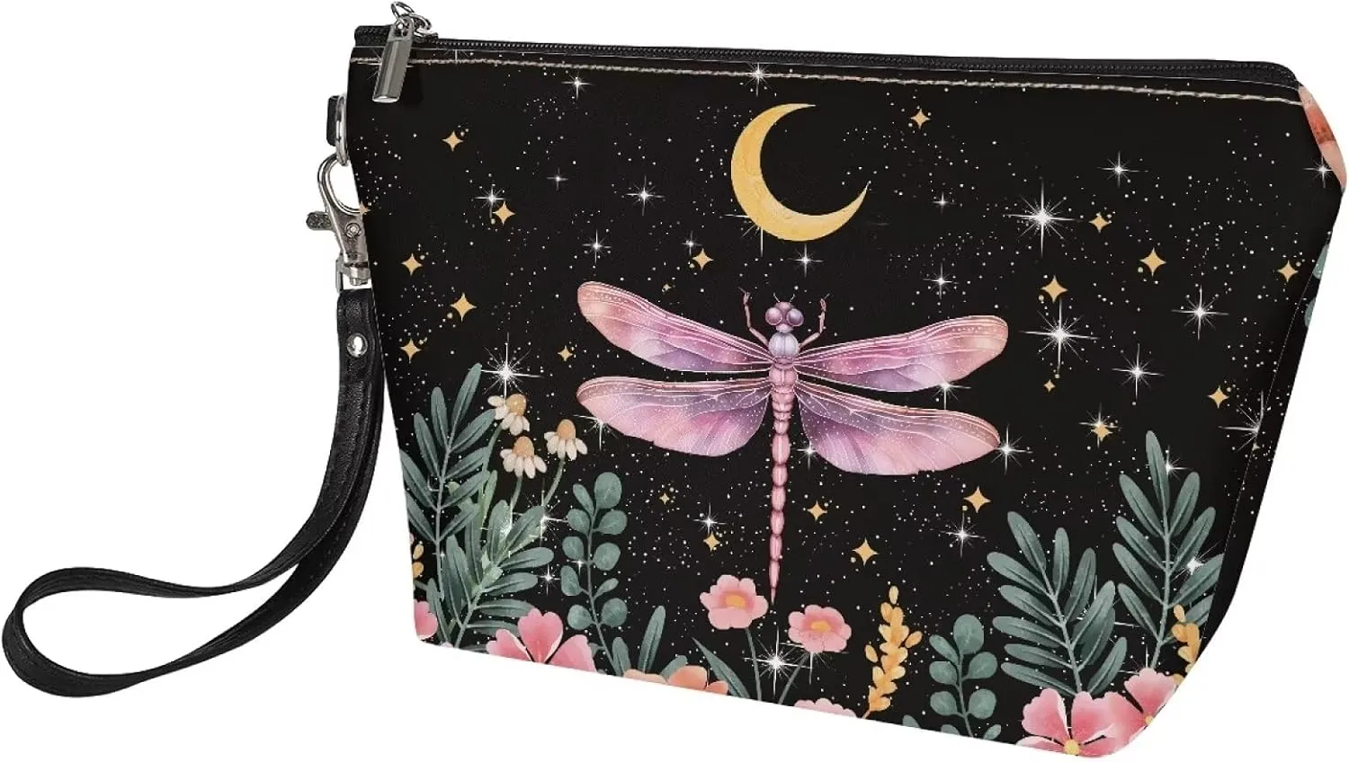 SEANATIVE Boho Dragonfly Flower Women Makeup Bag Lightweight Toiletry Make Up Bag Stylish Purse Leather Cosmetic Pouch with Zipper