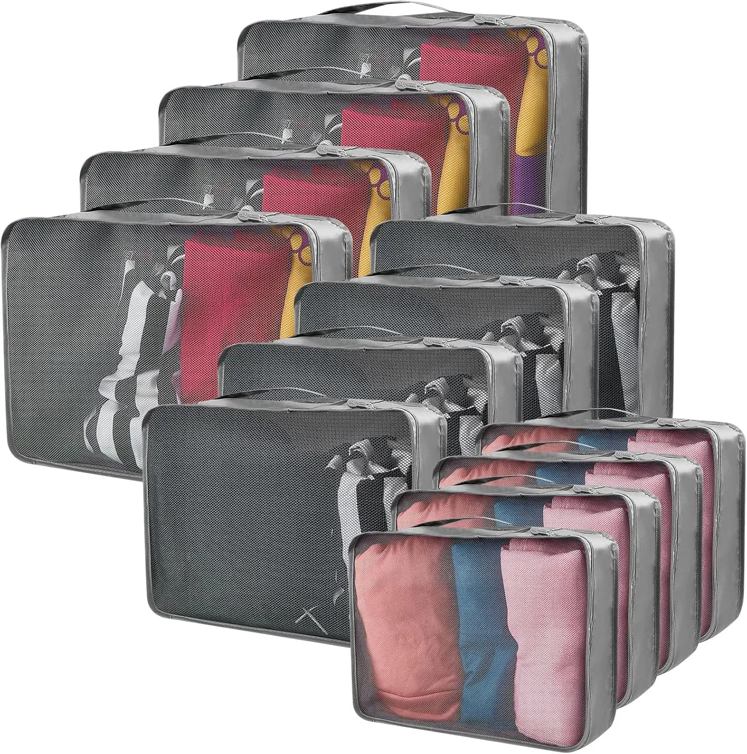 Silkfly 12 Pcs Packing Cubes for Suitcase Travel Luggage Bags Bulk Mesh Organizer Set for Hiking Camping Backpacking Clothes Accessories (Gray,XL, L, M Size)