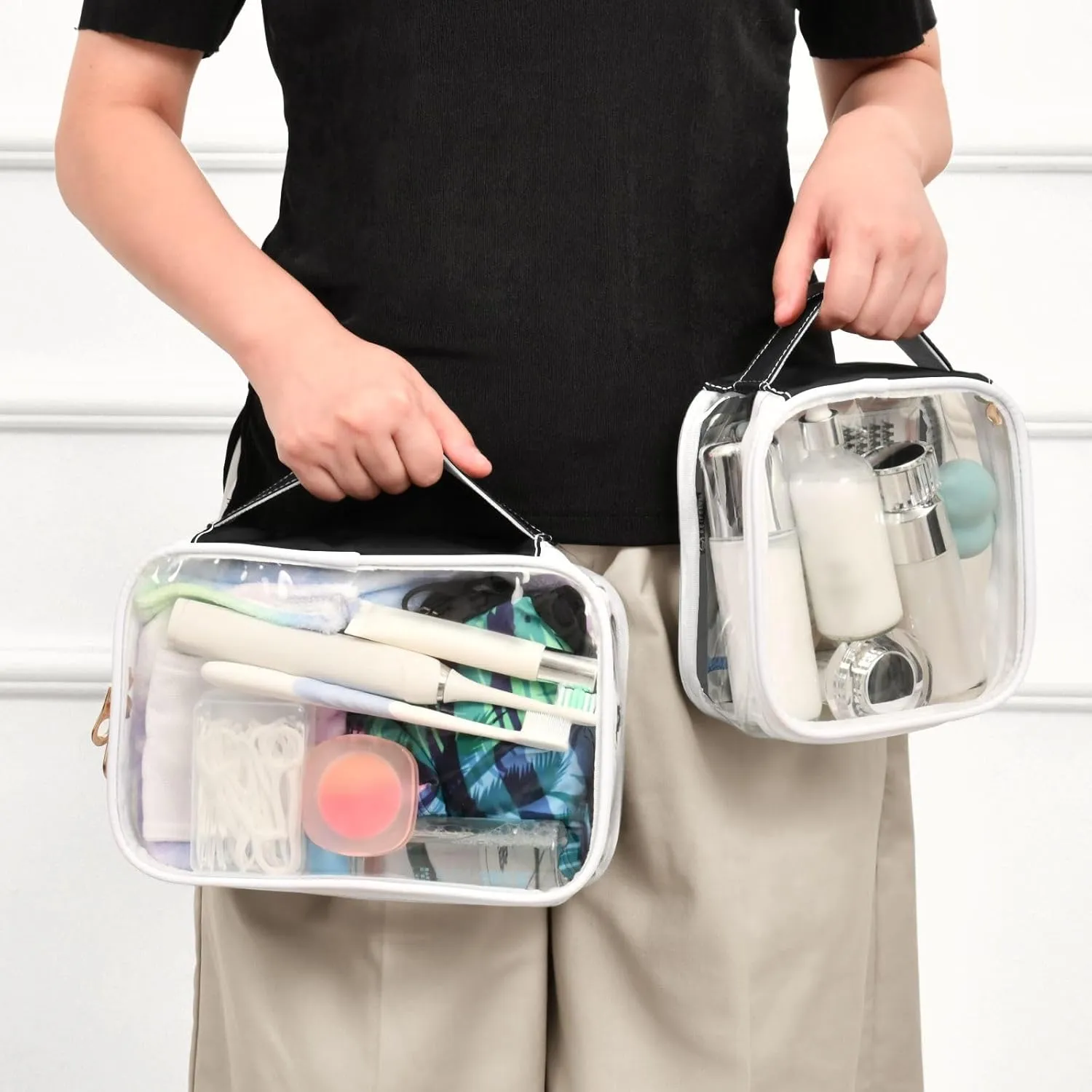 Sinestour Black Clear Toiletry Bag with Zipper Travel Makeup Pouches with Handle Cosmetic Organizer Case Set for Carry On Men Women