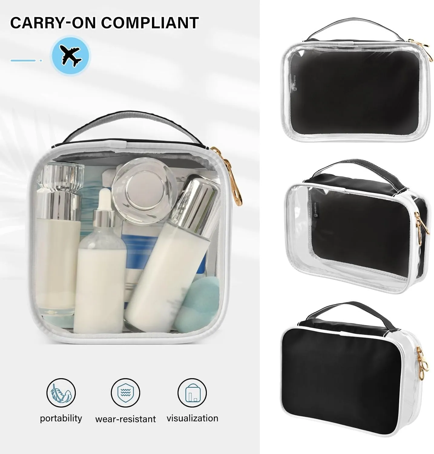 Sinestour Black Clear Toiletry Bag with Zipper Travel Makeup Pouches with Handle Cosmetic Organizer Case Set for Carry On Men Women