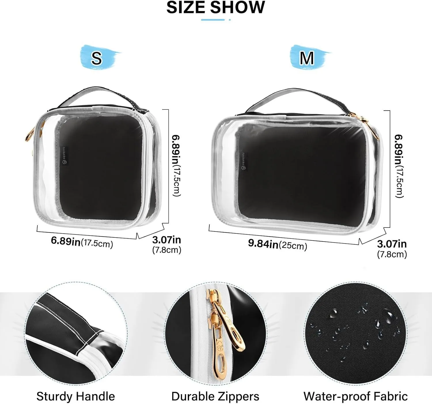 Sinestour Black Clear Toiletry Bag with Zipper Travel Makeup Pouches with Handle Cosmetic Organizer Case Set for Carry On Men Women
