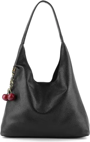 Slouchy Hobo Bags for Women, Large Capacity PU Leather Soft Commuting Bag with Cherry Pendant Stylish Top Handle Bag