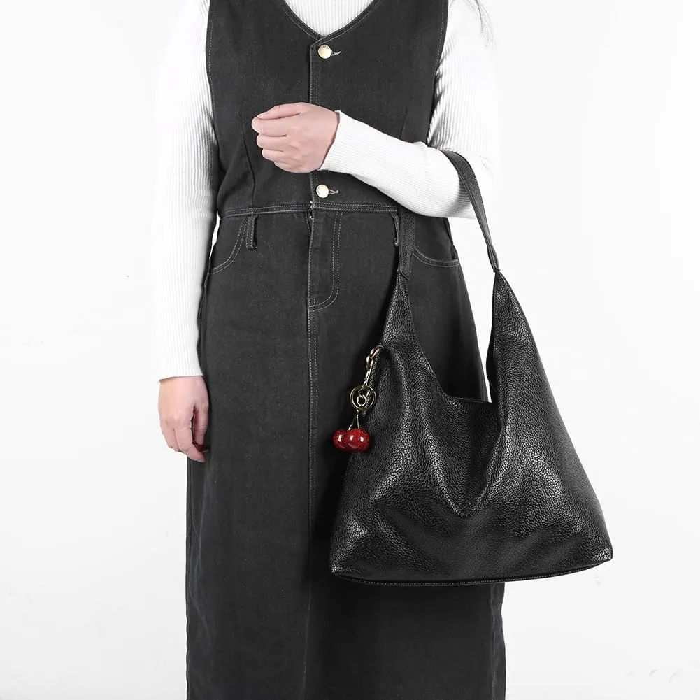 Slouchy Hobo Bags for Women, Large Capacity PU Leather Soft Commuting Bag with Cherry Pendant Stylish Top Handle Bag