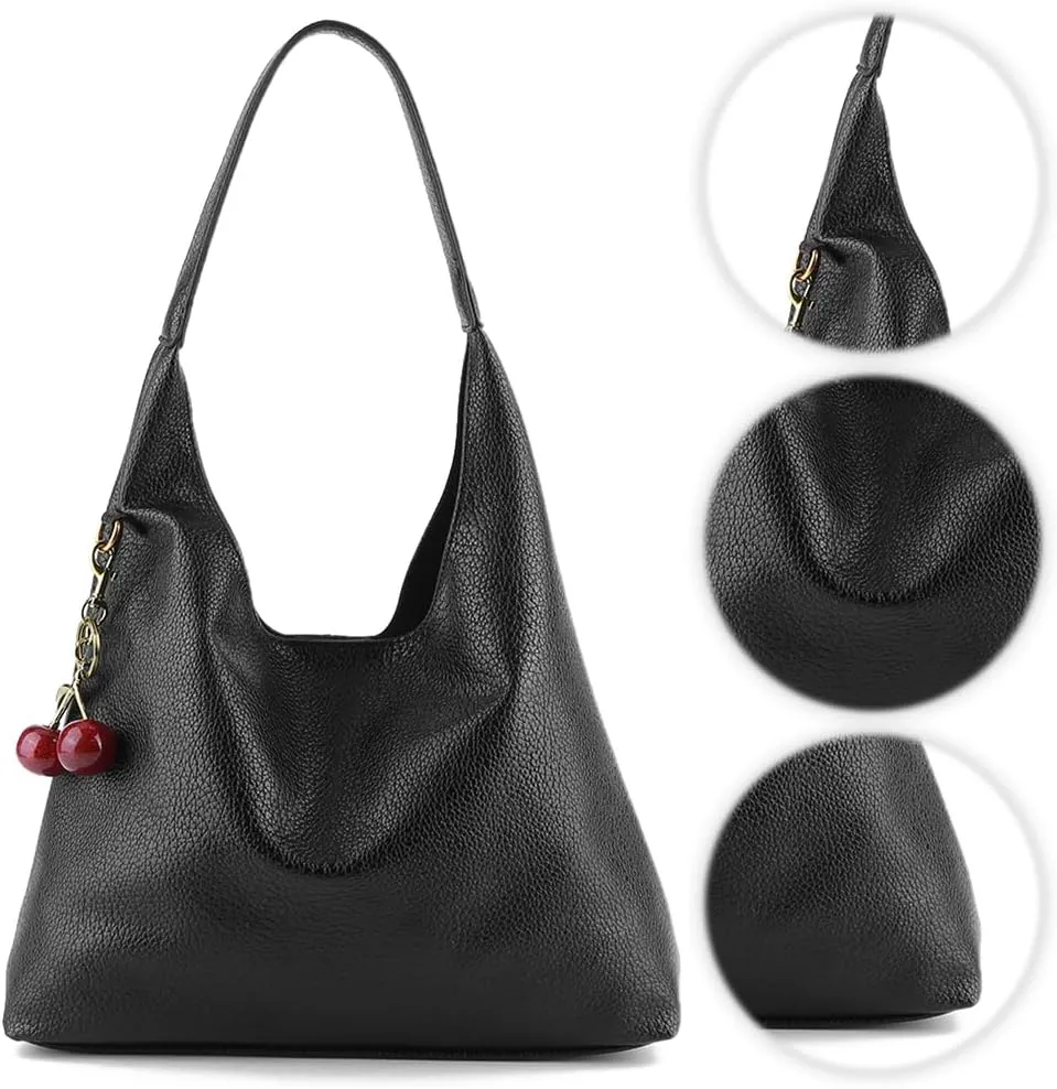 Slouchy Hobo Bags for Women, Large Capacity PU Leather Soft Commuting Bag with Cherry Pendant Stylish Top Handle Bag
