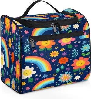 Smiley Flower Rainbow Print Women's Toiletry Bag Waterproof Cosmetic Bag Cartoon Flower Print Travel Cosmetic Bag Multi-functional Organizer with Hooks Suitable for Full-size Toiletries and Cosmetics