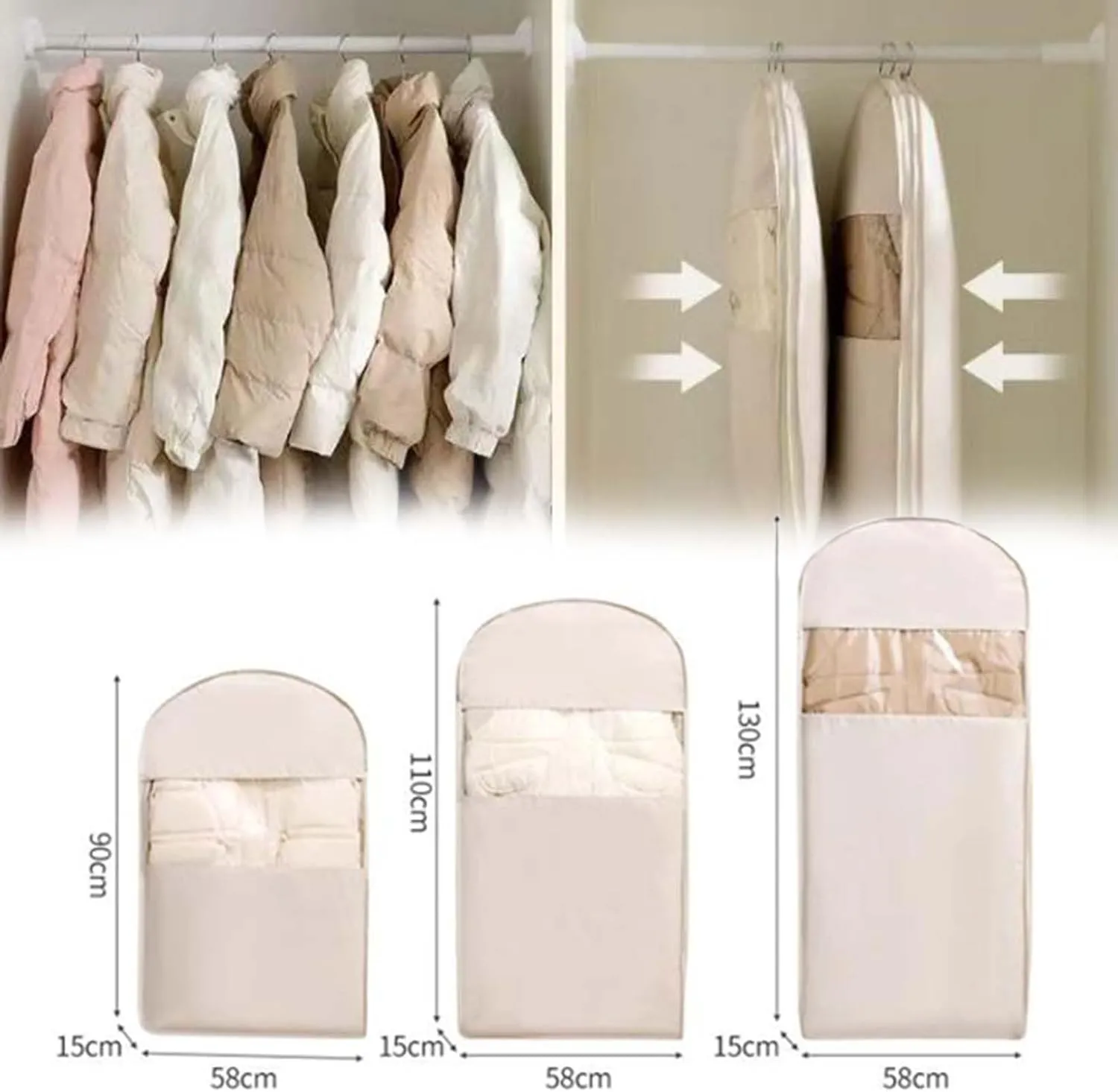 Space Saving Hanging Garment Bag, Space Saving Hanging Garment Bag with Self Compression Zipper (Beige, 3 Mix)