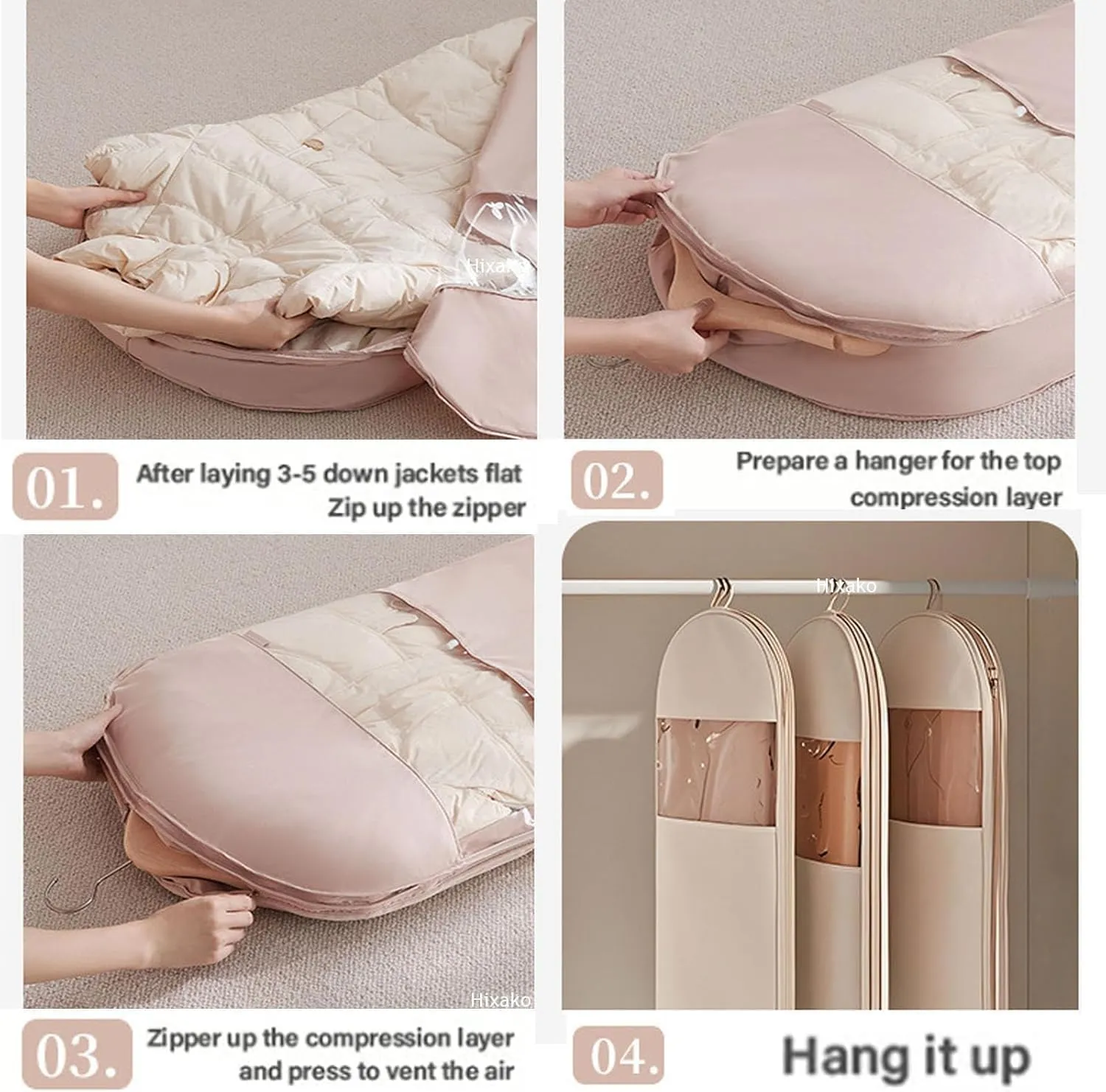Space Saving Hanging Garment Bag, Space Saving Hanging Garment Bag with Self Compression Zipper (Beige, 3 Mix)