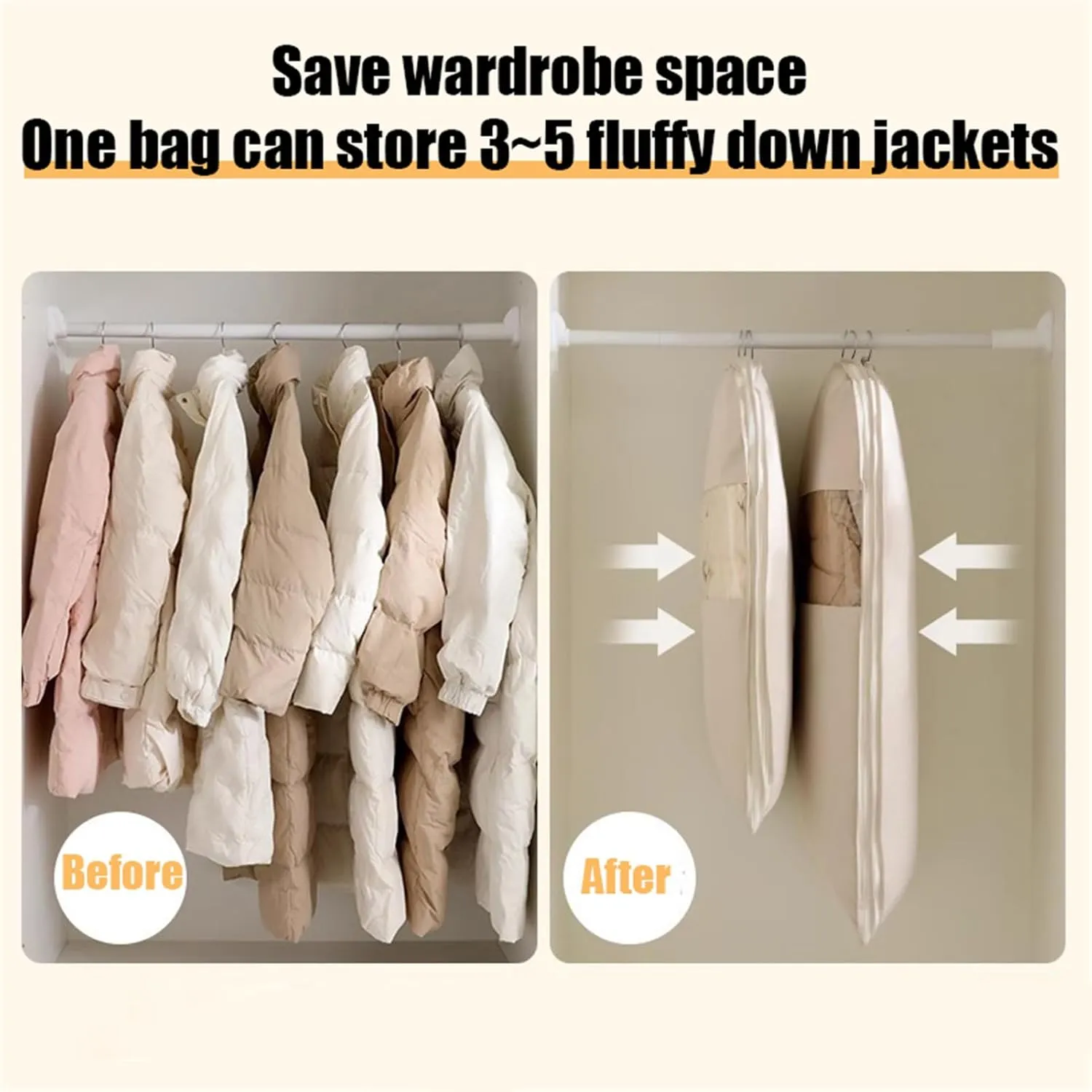 Space Saving Hanging Garment Bag, Space Saving Hanging Garment Bag with Self Compression Zipper, Dust Cover Clothes Bags for Down Coat, Self Compression Organizer for Closet Storage (Pink,L)