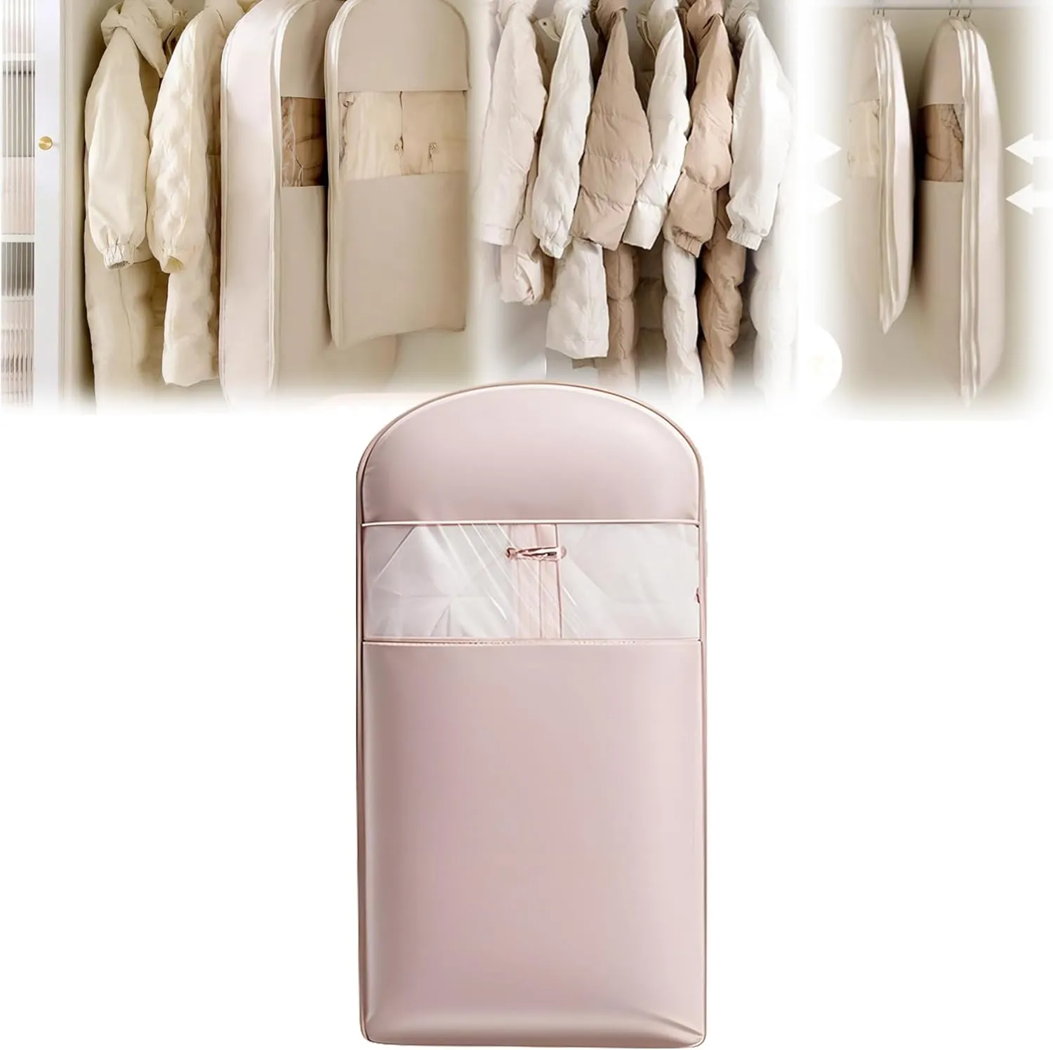 Space Saving Hanging Garment Bag, Space Saving Hanging Garment Bag with Self Compression Zipper, Dust Cover Clothes Bags for Down Coat, Self Compression Organizer for Closet Storage (Pink,L)