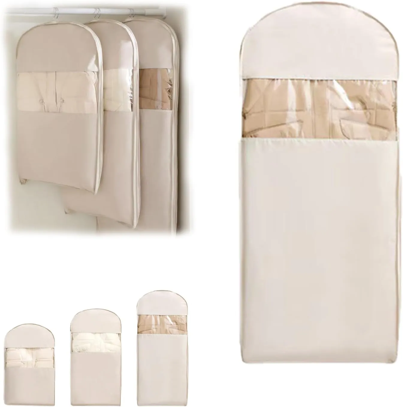 Space Saving Hanging Garment Bag with Self Compression Zippe, 2025 New Space Saving Hanging Protector, Dust Cover Clothes Bags Travel Organizer for Down Coat Suit (Beige, L)