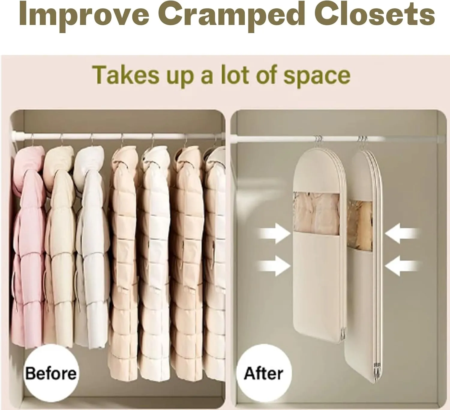 Space Saving Hanging Garment Bag with Self Compression Zipper, 2025 New Space Saver Closet Organizers, Space Saving Hanging Protector, Heavy Duty Garment Bag for Down Coat (Beige, M)
