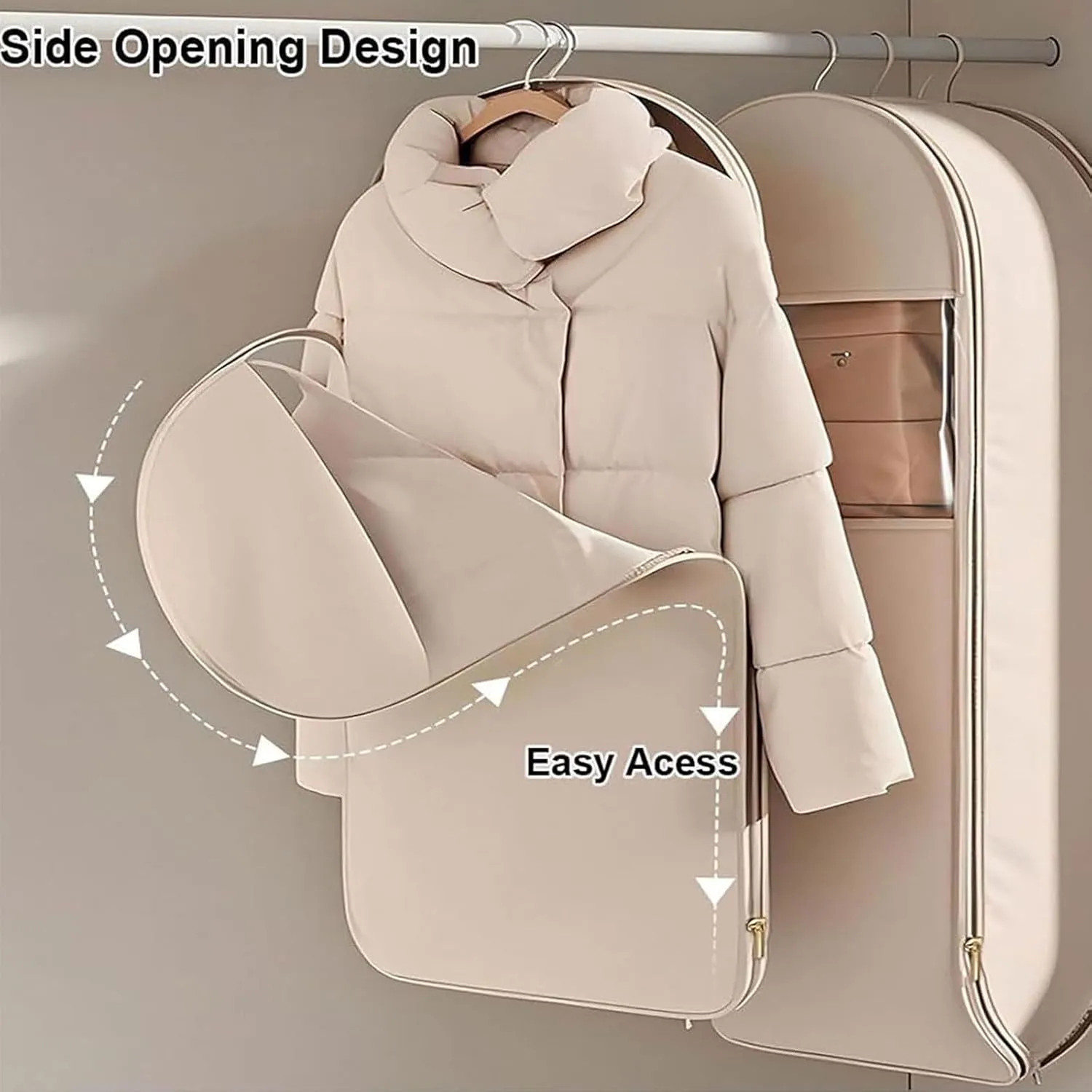 Space Saving Hanging Garment Bag With Self Compression Zipper, 2025 New Space Saving Bags, Dust Cover Clothes Bags Travel Organizer For Clothes, Suits, Coats Or Jackets (1PCS-Beige,M)
