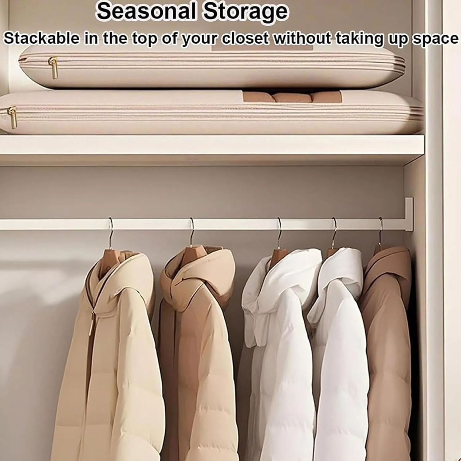 Space Saving Hanging Garment Bag With Self Compression Zipper, 2025 New Space Saving Bags, Dust Cover Clothes Bags Travel Organizer For Clothes, Suits, Coats Or Jackets (1PCS-Beige,M)