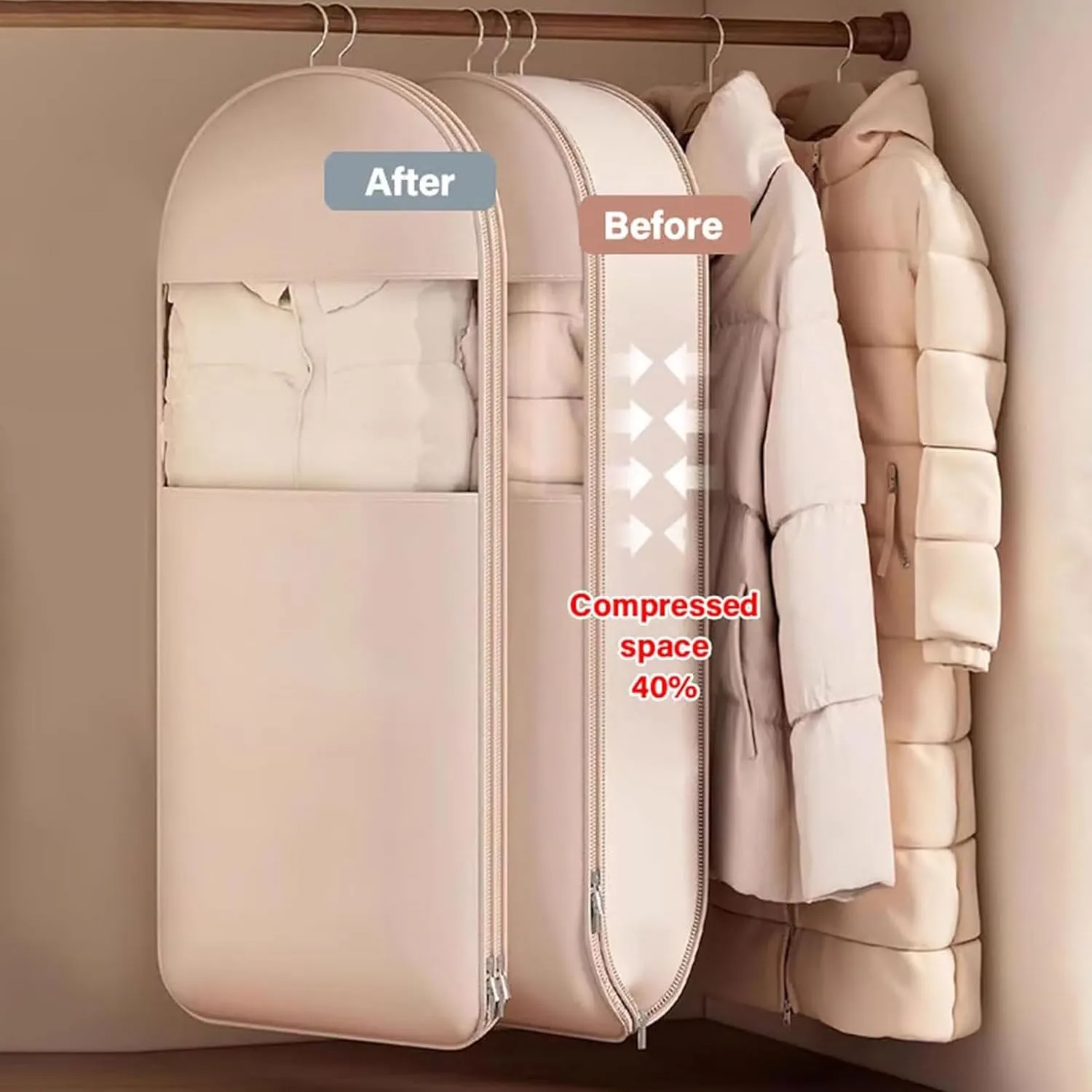 Space Saving Hanging Garment Bag With Self Compression Zipper, 2025 New Space Saving Bags, Dust Cover Clothes Bags Travel Organizer For Clothes, Suits, Coats Or Jackets (2PCS-Beige,XL)