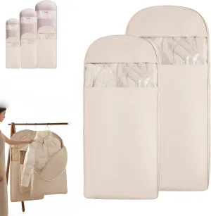 Space Saving Hanging Garment Bag With Self Compression Zipper, 2025 New Space Saving Bags, Dust Cover Clothes Bags Travel Organizer For Clothes, Suits, Coats Or Jackets (2PCS-Beige,XL)