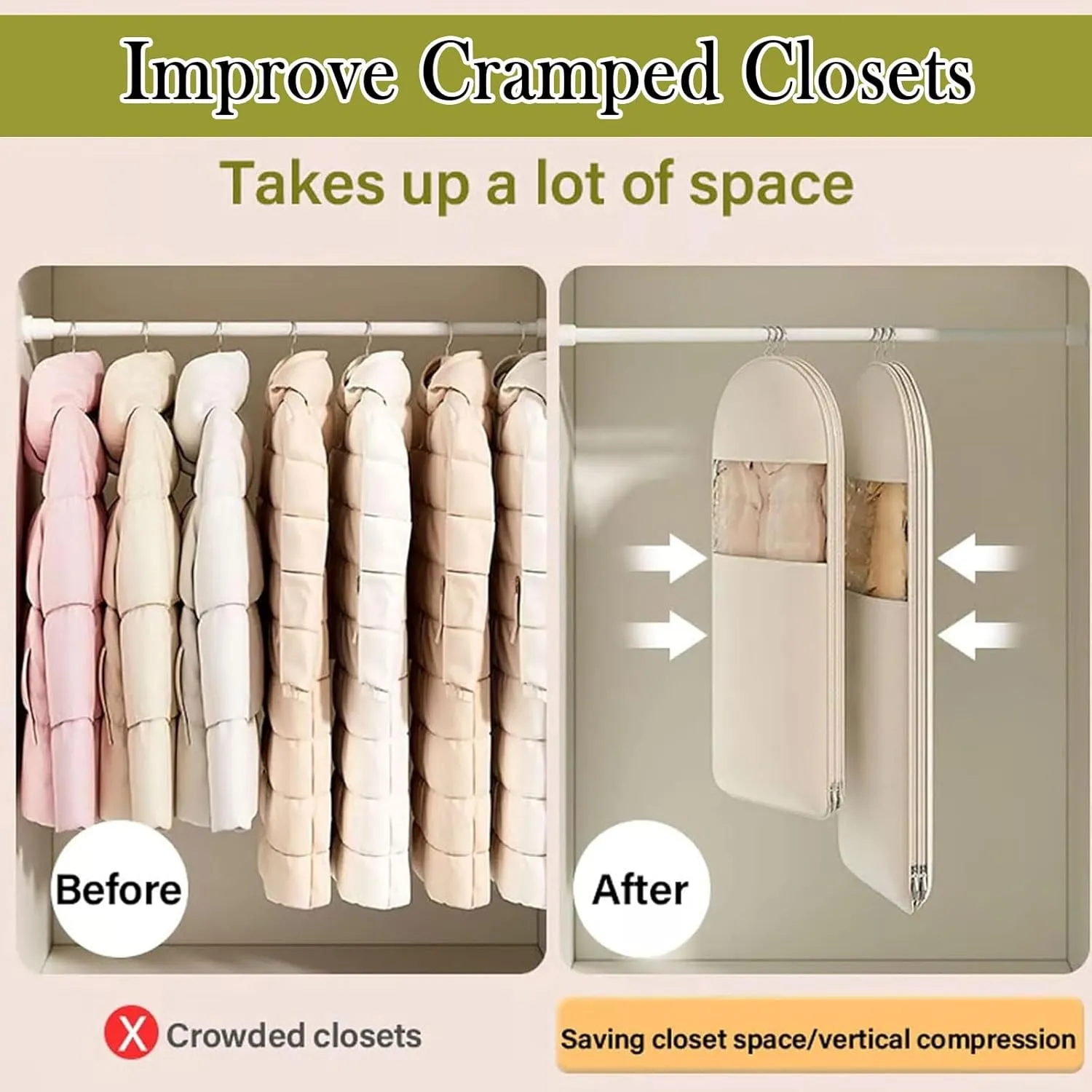 Space Saving Hanging Garment Bag With Self Compression Zipper, 2025 New Space Saving Bags, Dust Cover Clothes Bags Travel Organizer For Clothes, Suits, Coats Or Jackets (2PCS-Beige,XL)
