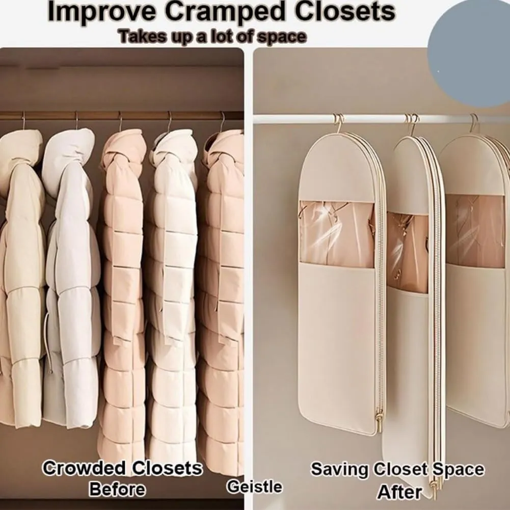 Space Saving Hanging Garment Bag with Self Compression Zipper, 2025 New Space Saving Hanging Protector, Clothes Cover with Transparent Window, Garment Bags for Wardrobe Storage(Beige,XL)