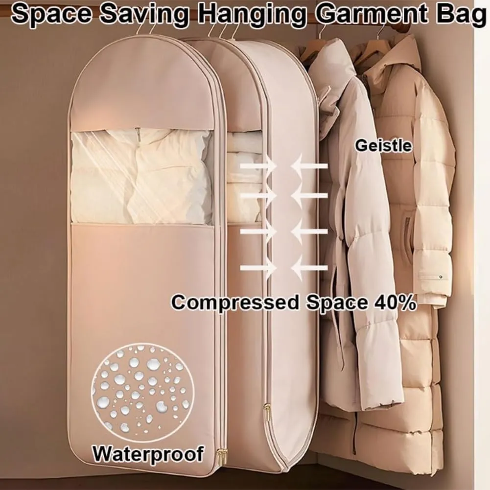 Space Saving Hanging Garment Bag with Self Compression Zipper, 2025 New Space Saving Hanging Protector, Clothes Cover with Transparent Window, Garment Bags for Wardrobe Storage(Beige,XL)