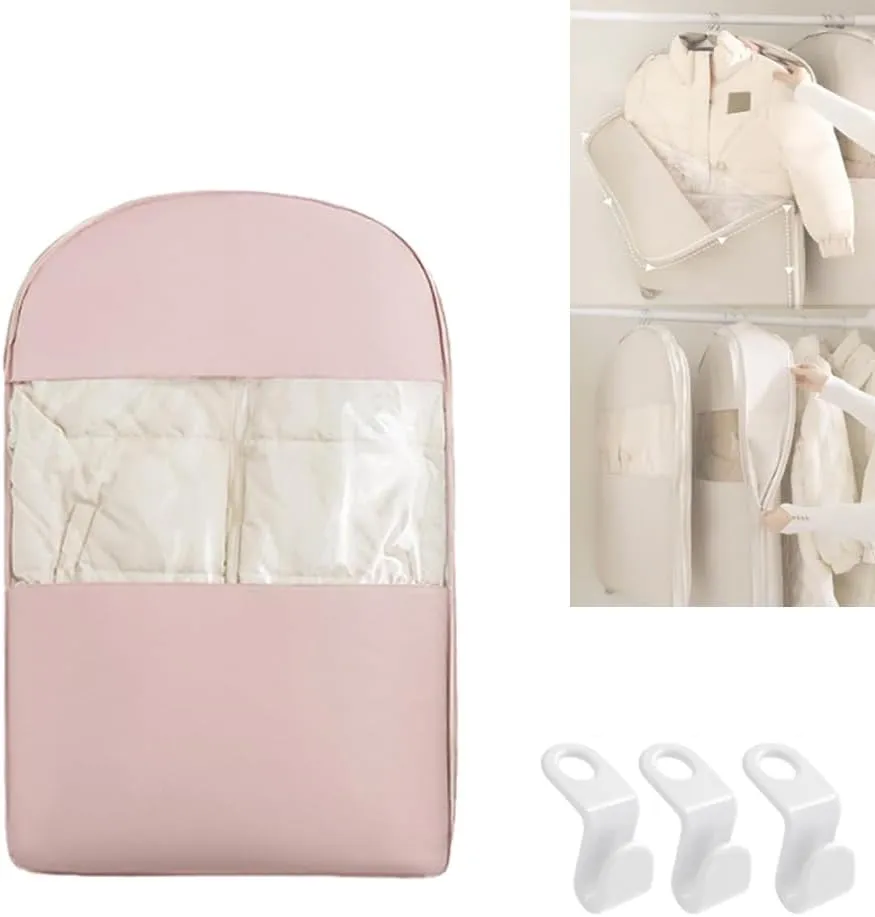 Space Saving Hanging Garment Bag with Self Compression Zipper, 2025 New Space Saving Hanging Protector, Clothes Cover with Transparent Window, Garment Bags for Wardrobe Storage(Pink,M)