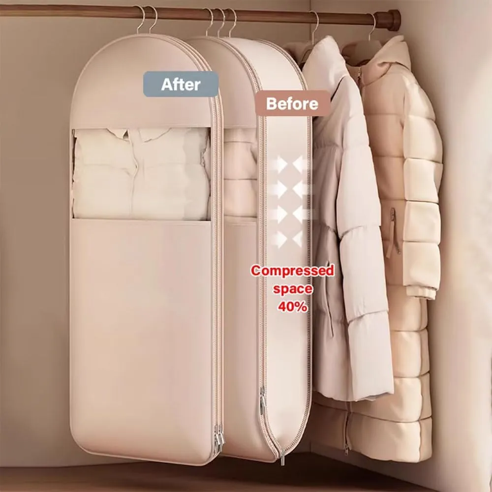 Space Saving Hanging Garment Bag with Self Compression Zipper, 2025 New Space Saving Hanging Protector, Winter Coat Storage, Heavy Duty Garment Bag for Down Coat (beige, meduim)