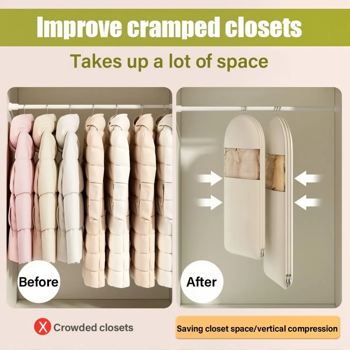 Space Saving Hanging Garment Bag with Self Compression Zipper, 2025 New Ultra Space Saving Self Compression Organizer Storage Bags for Moving or Storaging Clothes (Beige, Large*2)