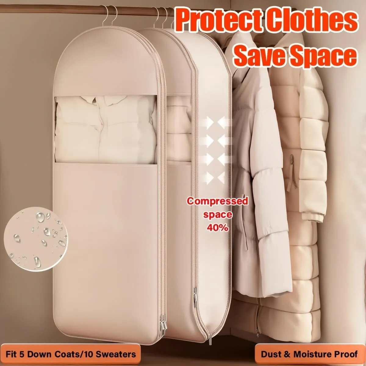Space Saving Hanging Garment Bag with Self Compression Zipper, 2025 New Ultra Space Saving Self Compression Organizer Storage Bags for Moving or Storaging Clothes (Beige, Large*2)