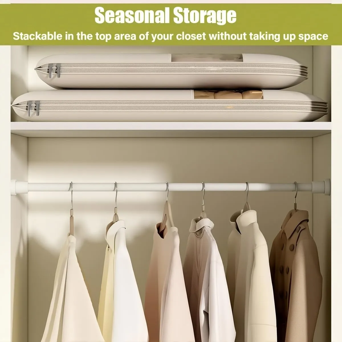 Space Saving Hanging Garment Bag with Self Compression Zipper, 2025 New Ultra Space Saving Self Compression Organizer Storage Bags for Moving or Storaging Clothes (Beige, Large*2)