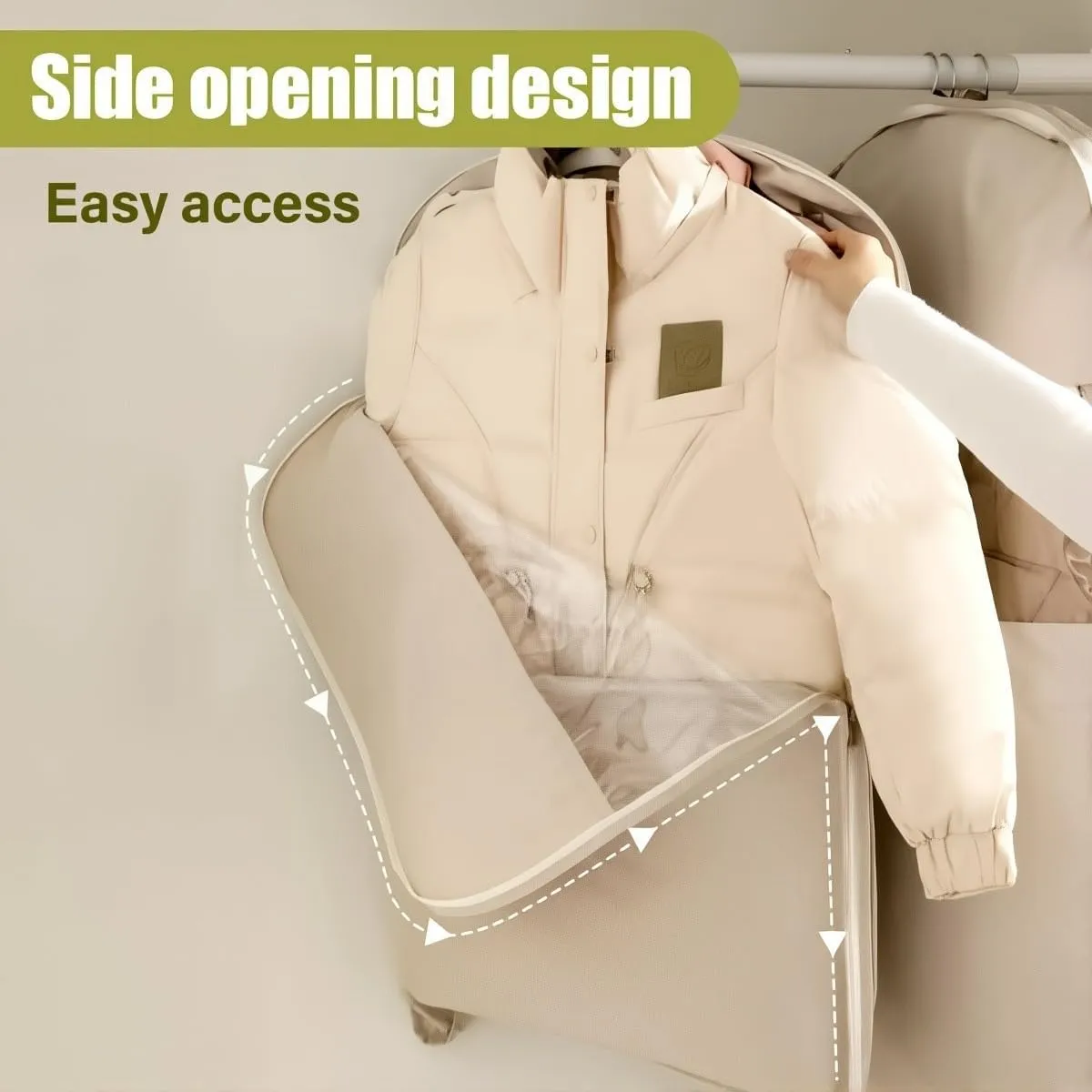 Space Saving Hanging Garment Bag with Self Compression Zipper, 2025 New Ultra Space Saving Self Compression Organizer Storage Bags for Moving or Storaging Clothes (Beige, Mix)