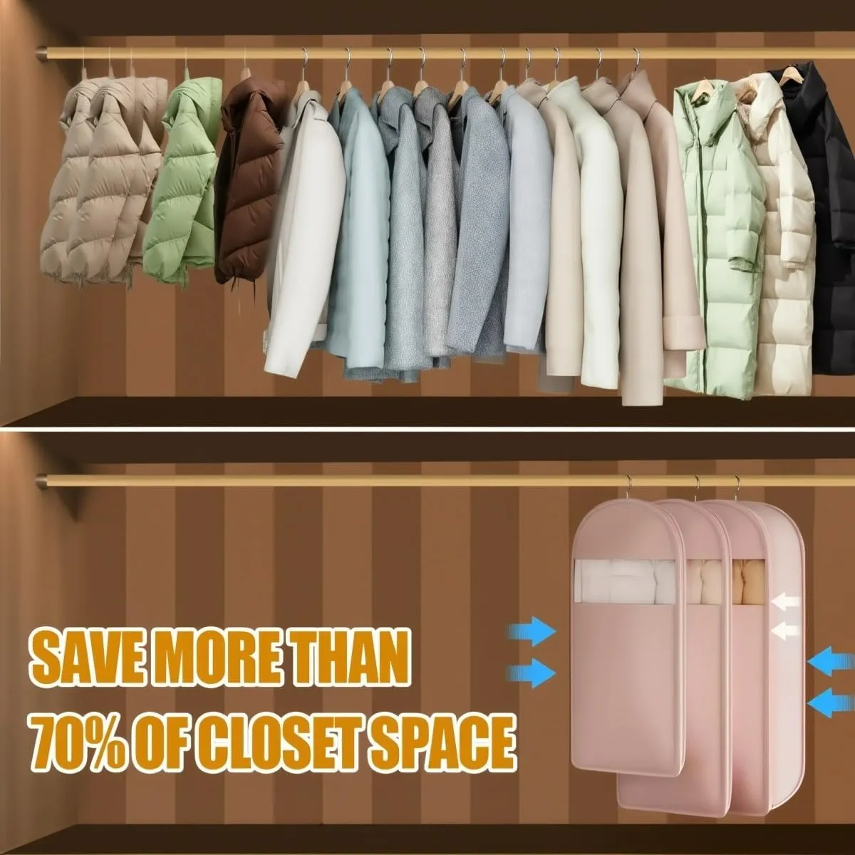Space Saving Hanging Garment Bag with Self Compression Zipper, 2025 New Ultra Space Saving Self Compression Organizer Storage Bags for Moving or Storaging Clothes (Gray, Large*2)