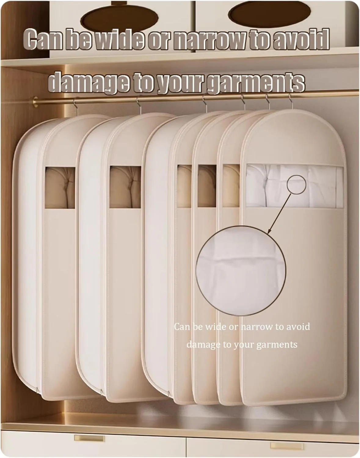 Space Saving Hanging Garment Bag with Self Compression Zipper, Dust Cover Clothes Bags for Down Coat, Closet Organizers Heavy Duty Garment Bag Space-Saving Closet Organizer for Travel & Storage(Beige,
