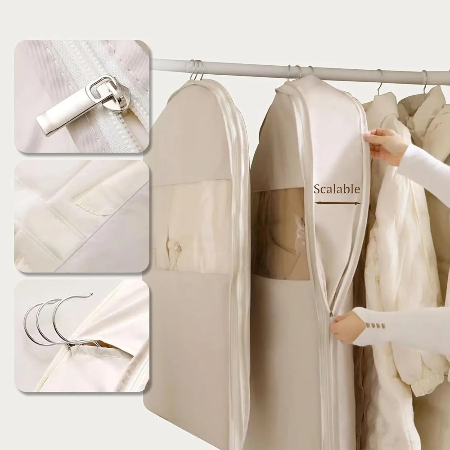 Space Saving Hanging Garment Bag with Self Compression Zipper, Dust Cover Clothes Bags for Down Coat, Closet Organizers Heavy Duty Garment Bag Space-Saving Closet Organizer for Travel & Storage(Beige,