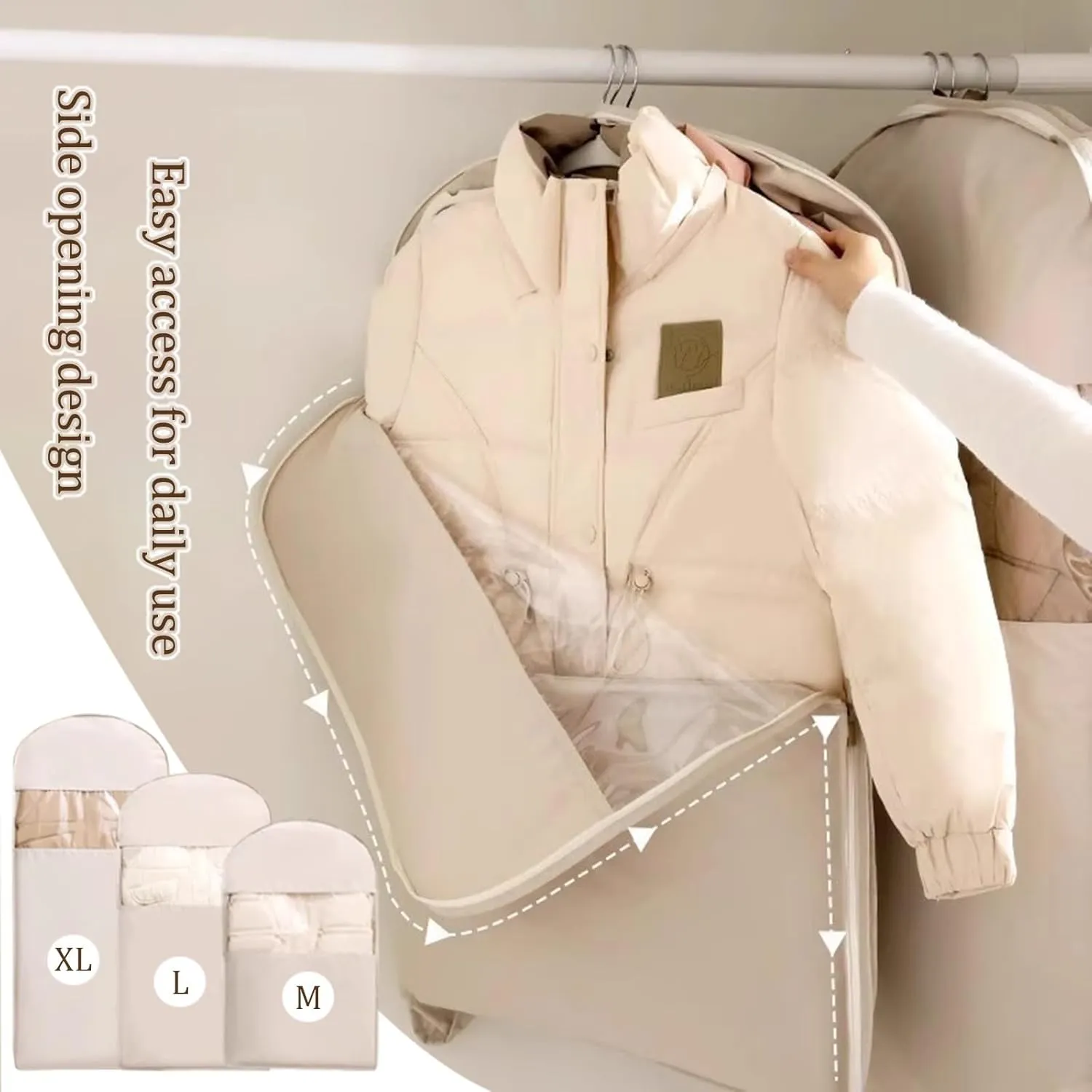 Space Saving Hanging Garment Bag with Self Compression Zipper, Dust Cover Clothes Bags for Down Coat, Closet Organizers Heavy Duty Garment Bag Space-Saving Closet Organizer for Travel & Storage(Beige,