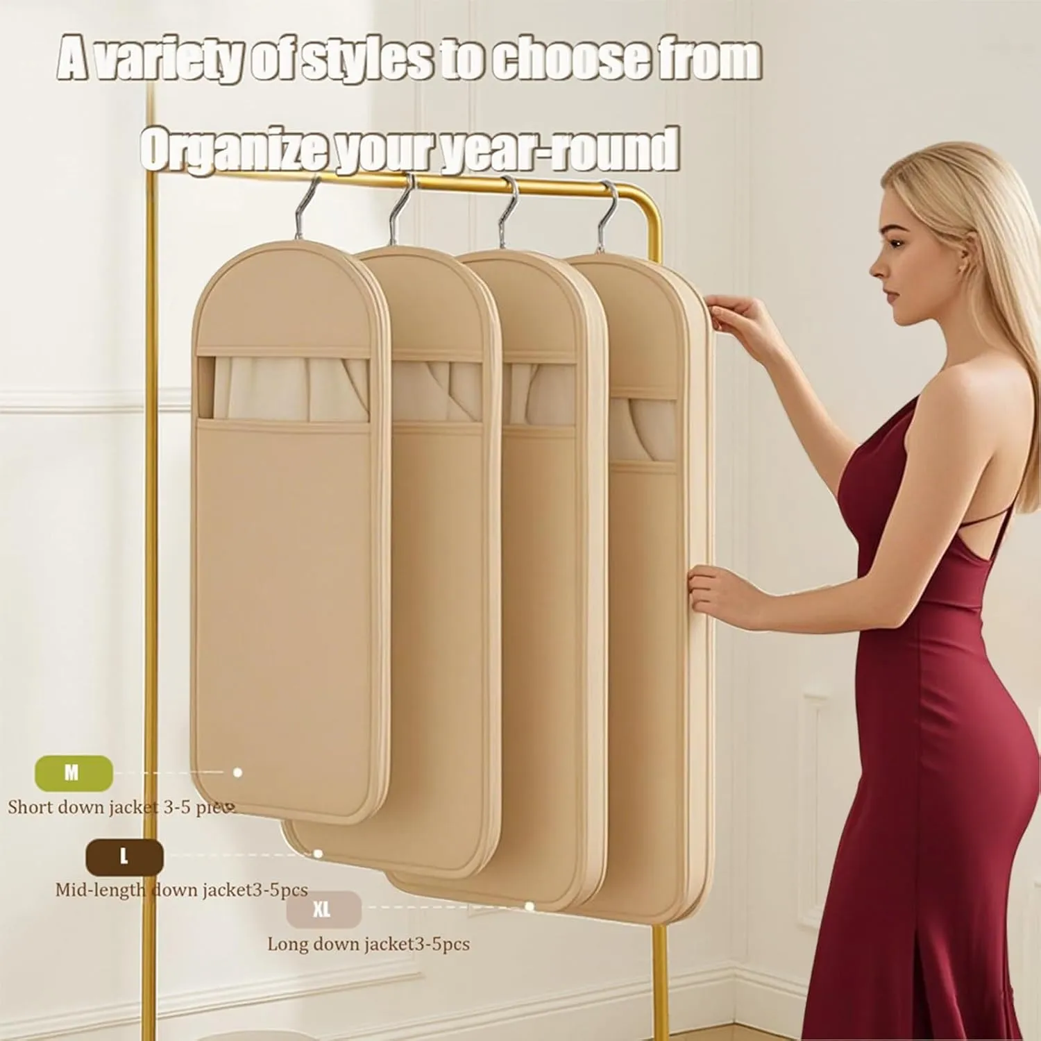 Space Saving Hanging Garment Bag with Self Compression Zipper, Dust Cover Clothes Bags for Down Coat, Closet Organizers Heavy Duty Garment Bag Space-Saving Closet Organizer for Travel & Storage(Beige,