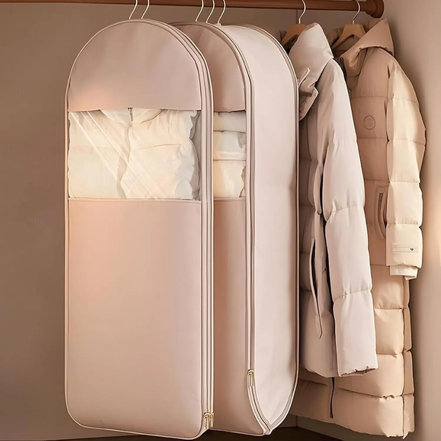Space Saving Hanging Garment Bag with Self Compression Zipper, Dust Cover Clothes Bags for Down Coat, for Closet Storage, Protects Clothes from Wrinkles Space Saving Garment Bags (Pink,M)