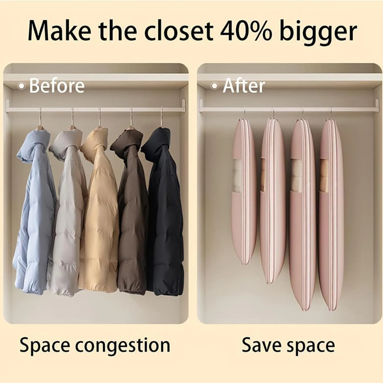 Space Saving Hanging Garment Bag with Self Compression Zipper, Dust Cover Clothes Bags for Down Coat, for Closet Storage, Protects Clothes from Wrinkles Space Saving Garment Bags (Pink,M)