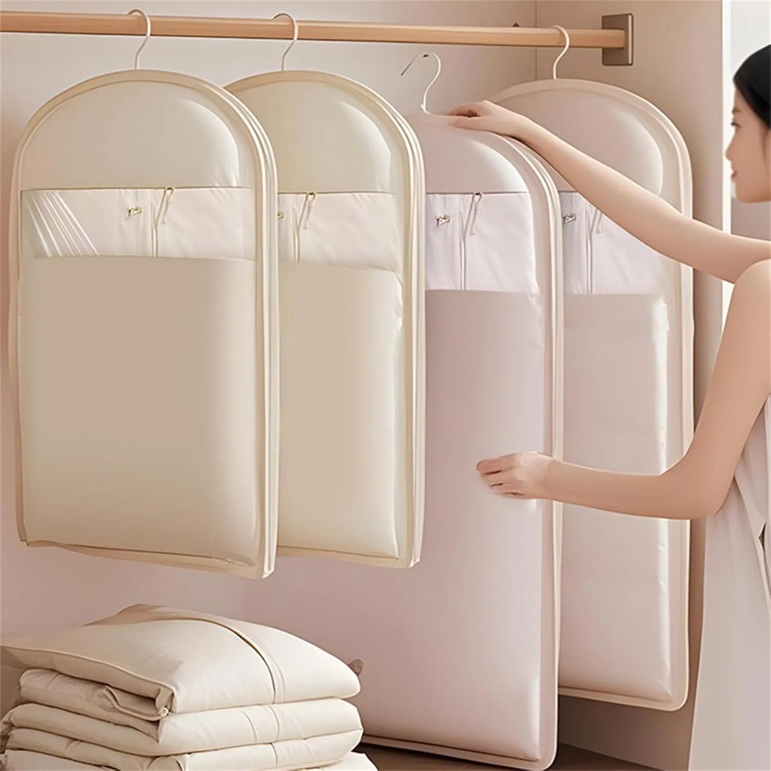 Space Saving Hanging Garment Bag with Self Compression Zipper, Dust Cover Coat Storage Bag Hanging (Pink,M)
