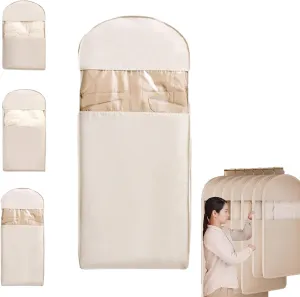 Space Saving Hanging Garment Bag with Self Compression Zipper, Dust-Proof Space Saving Garment Bags, Hanging Garment Clothes Bags for Closet Storage, Dust Cover Clothes Bag for Down Coat (Beige,XL)