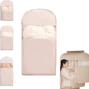 Space Saving Hanging Garment Bag with Self Compression Zipper, Dust-Proof Space Saving Garment Bags, Hanging Garment Clothes Bags for Closet Storage, Dust Cover Clothes Bag for Down Coat (Pink,L)