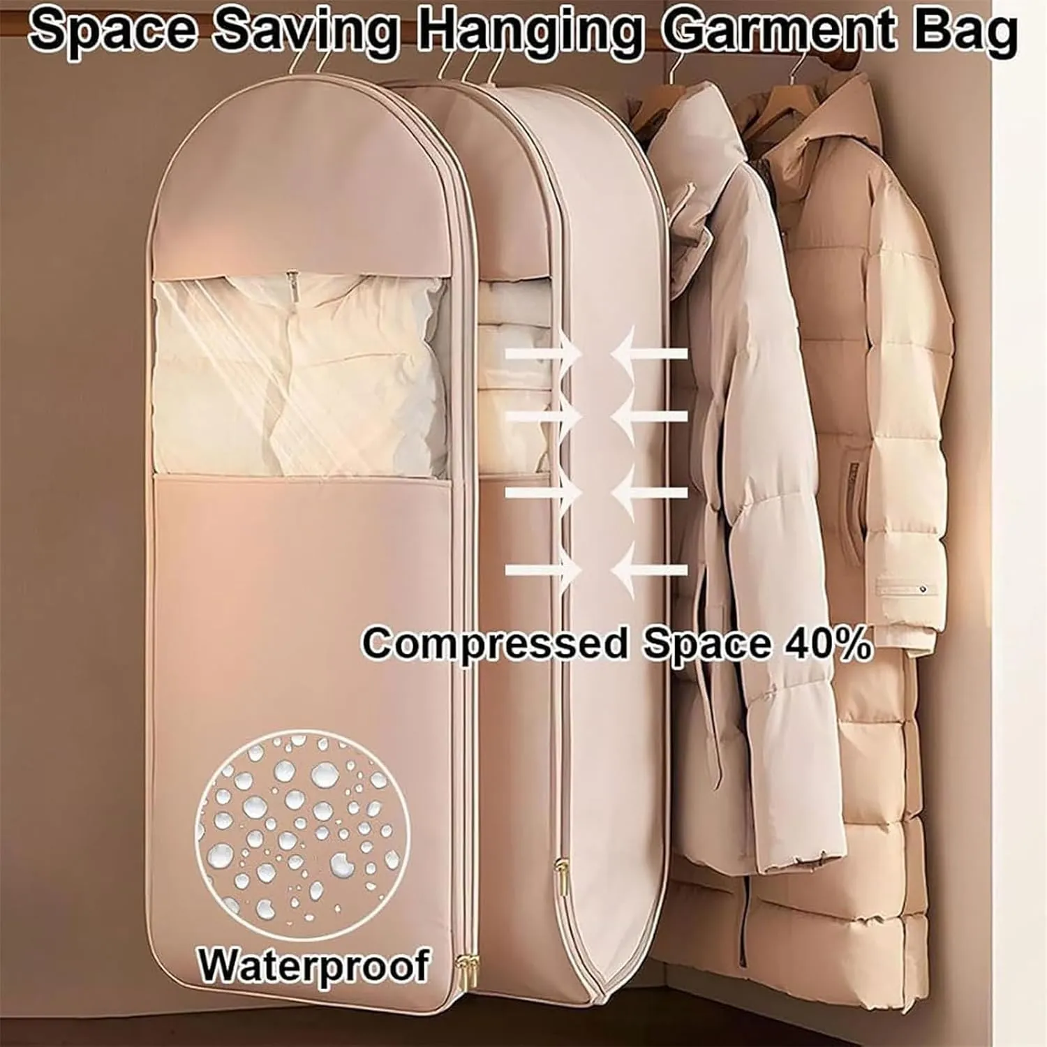 Space Saving Hanging Garment Bag with Self Compression Zipper, Garment Bags for Hanging Clothes, Dust Cover Clothes Bags for down Coat, Space Saving And Wrinkling Preventing (Beige M)