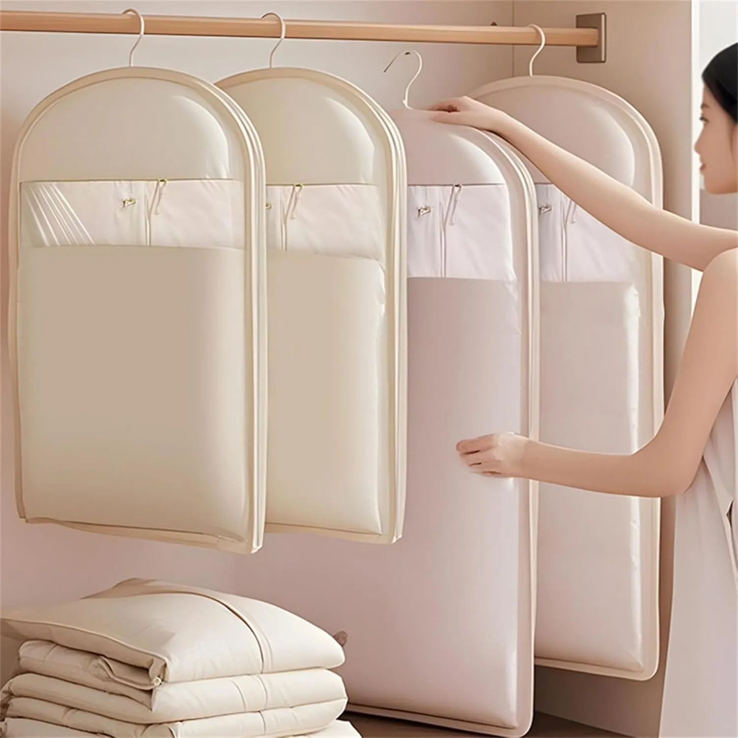 Space Saving Hanging Garment Bag with Self Compression Zipper, Hanging Garment Bags for Closet Storage, Space Saving Hanging Protector for Down & Winter Coat (Pink,X-Large)