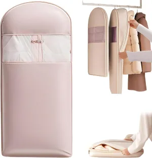 Space Saving Hanging Garment Bag with Self Compression Zipper, Hanging Garment Bags for Closet Storage, Space Saving Hanging Protector for Down & Winter Coat (Pink,X-Large)
