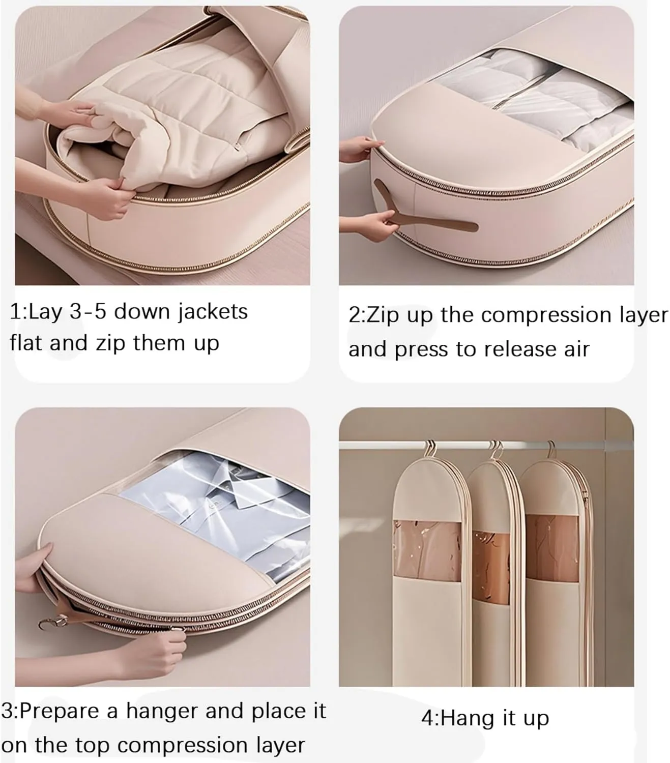Space Saving Hanging Garment Bag with Self Compression Zipper, Hanging Garment Bags for Closet Storage, Space Saving Hanging Protector for Down & Winter Coat (Pink,X-Large)