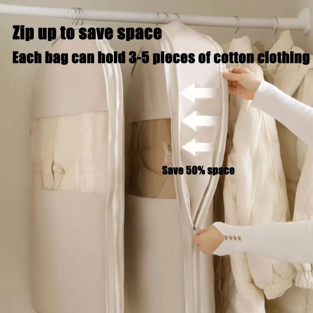 Space Saving Hanging Garment Bag with Self Compression Zipper, Otherwisie Space Saving Hanging Garment Bag, Dust Cover Clothes Bags for down Coat, Self Compression Zip Garment Bags (Beige, M)