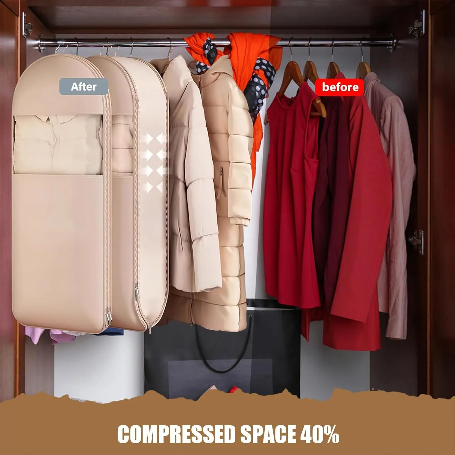 Space Saving Hanging Garment Bag with Self Compression Zipper, Space Saver Closet Organizers, Large Dust Cover Clothes Bags for Down Coat, Hanging Space Saving (Pink,S)