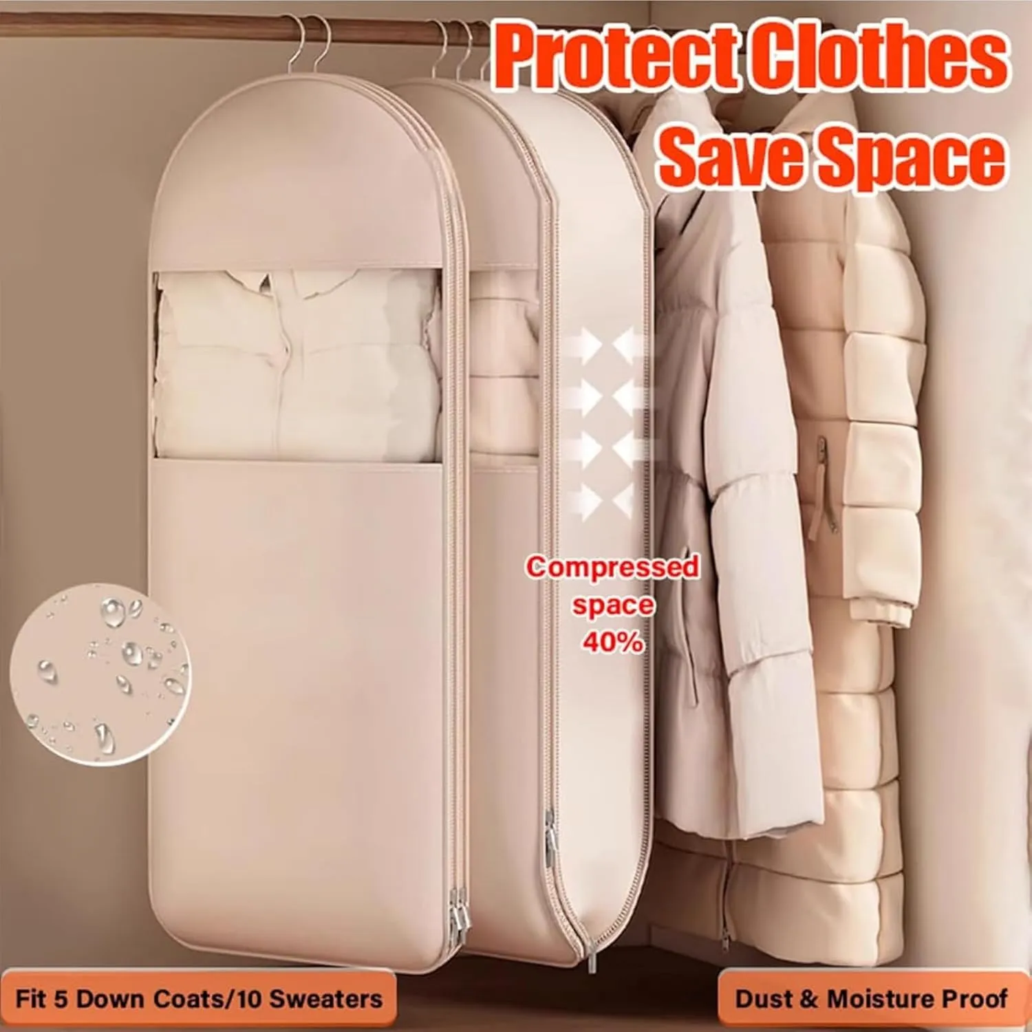 Space Saving Hanging Garment Bag with Self Compression Zipper, Space Saving Bags, Down Coat Compression Dust Cover for Closet Storage (Beige-Medium)